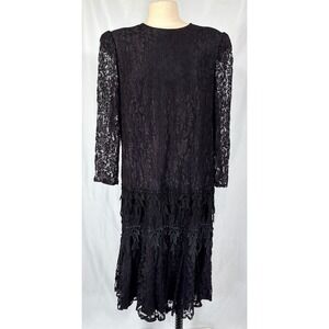 David Rose VTG 80s Black‎ Leaf Lace Cocktail Dress USA Whimsigoth Dark Academia